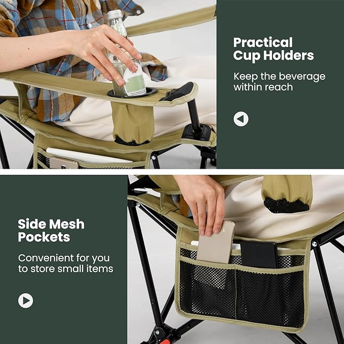 Tangkula Reclining Camping Chair 2 in 1 Porable Folding Lawn Chair with Removable Footrest 4-Position Adjustable Backrest Cup Holder &amp Side Pocket Carry Bag (2 Green)