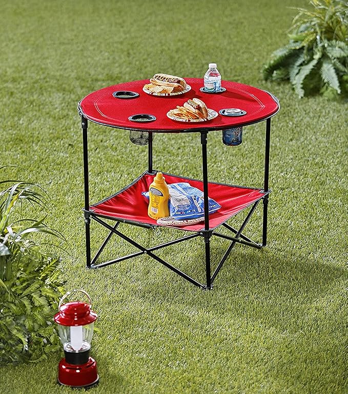 The Lakeside Collection Portable Folding Picnic Table with Shelf - Waterproof Perfect for Outdoors - Red