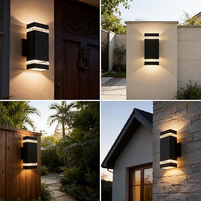 Square Dusk to Dawn Outdoor Lighting 2 Pack Up and Down LED Porch Lights Aluminum Outdoor Wall Lights with 2 * 7W Bulbs 3000K Waterproof Exterior Lighting Fixtures for House Porch Garage Black