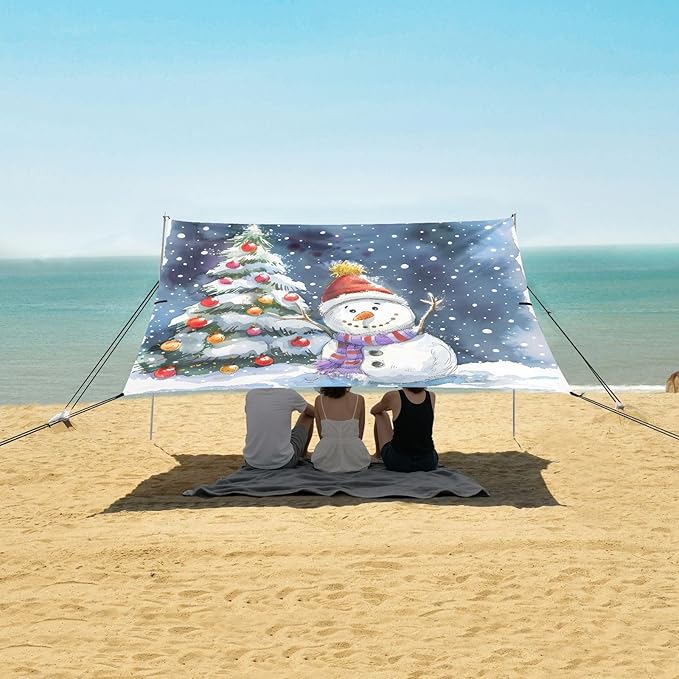 ALAZA Snowman Christmas Tree Beach Tent Sun Shelter UPF50+ Protection Beach Shade Canopy w/ 4 Sandbags for Outdoor Camping Fishing Backyard Fun Picnic 10x9 ft