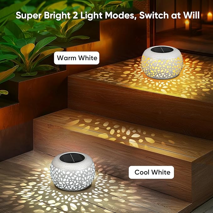 Solar Lanterns Outdoor Waterproof: 4 Pack White Hollow Out Metal Solar Lights - 2 Lighting Colors Outside Patio Garden Yard Porch Indoor Tabletop Decorations - Unique Gifts for Women Mom Wife