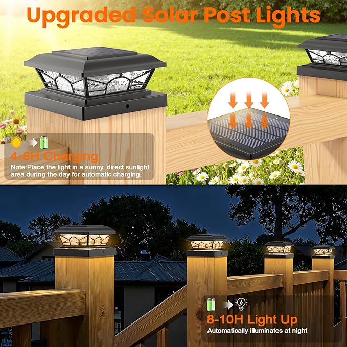 Brightever 4x4 Solar Post Cap Lights 12-Pack Solar Powered Fence Post Light Outdoor Waterproof for Vinyl/Wooden Post 2 Modes(Warm/Cool Light) Black Solar Deck Post Lights for Garden Patio Porch
