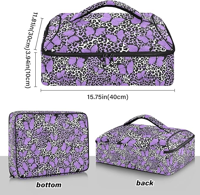 Casserole Carrier Leopard Print Pattern Purple ButterfliesInsulated Casserole Carrier for Hot or Cold Food Thermal Lunch Tote for Potluck Parties Picnic Fits 9 x 13 Inches Baking Dish