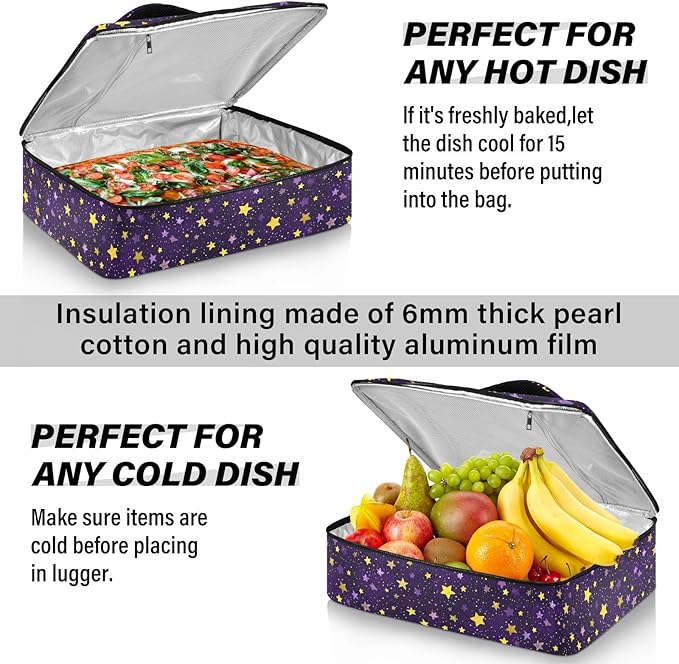 Casserole Carrier Stars Purple and YellowInsulated Casserole Carrier for Hot or Cold Food Thermal Lunch Tote for Potluck Parties Picnic Beach Fits 9 x 13 Inches Baking Dish