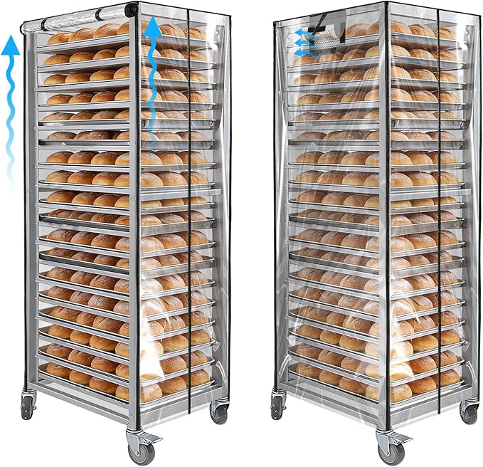 Bun Pan Sheet Rack CoverBread Speed Rack Cover with ZipperCommercial Bakery Racks 23x28x61Clear PVC Waterproof Dustproof Bread rack Cover with Breathable Mesh Vent (20-Tier TPU)