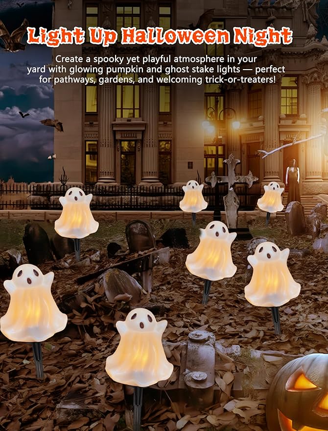 Halloween Pathway Lights Outdoor Decorations 4PCS 3D Light-Up Ghost Garden Stake Lights Waterproof Outdoor Lights for Yard Lawn Driveway Halloween Decor