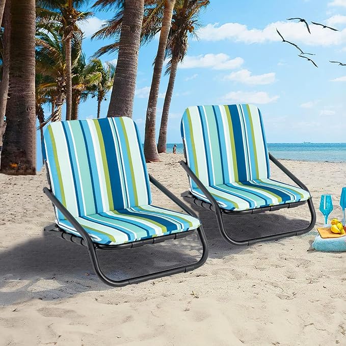 GYMAX Beach Chair 2 Pack 300LBS Low Beach Chair with Shoulder Strap Removable Cushion &amp Aluminum Frame Folding Reclining Beach Chair Heavy Duty Portable Beach Chair for Adults (2 Blue Stripe)
