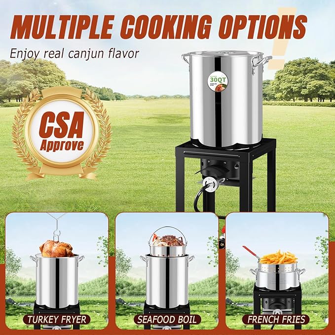 Stainless Steel Turkey Fryer Kit 30QT Deep Pot &amp 10QT Fish Fryer Waterproof Cover &amp 12-inch Skimmer 55000 BTUS Propane Burner Stove Outdoor Deep Fryer Crawfish Boiler with Basket
