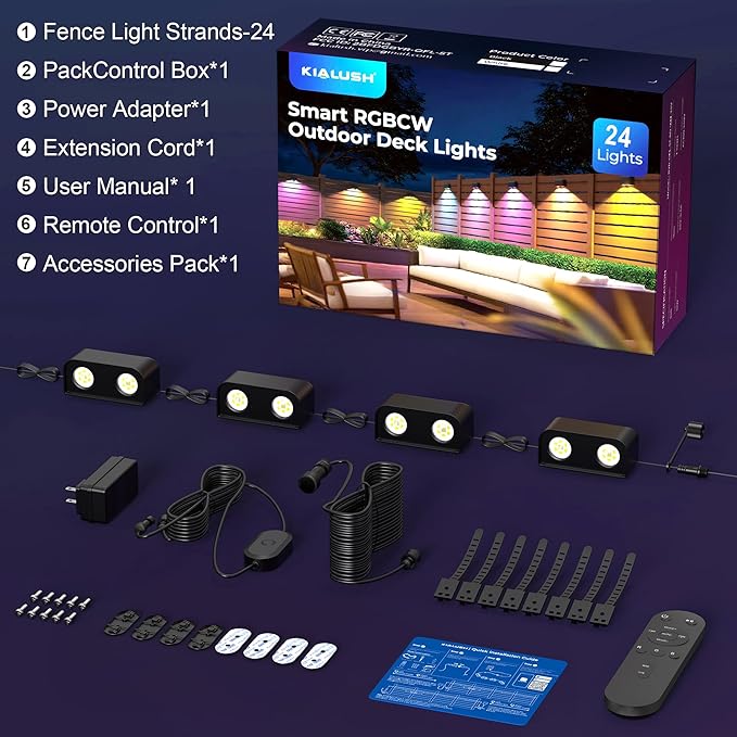 Outdoor Deck Lights 24 Lights Smart Fence Lights Compatible with Alexa &amp Google Home IP65 LED Patio Deck Lighting with Remote Fence Lighting Music Sync for Patio Yard Garden(157.2ft)