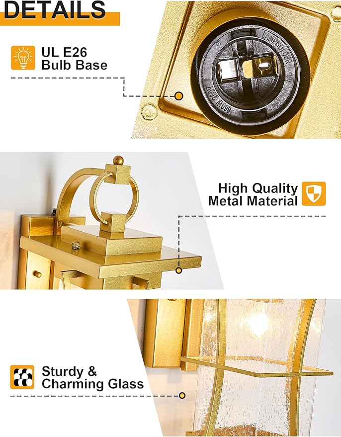Gold Dusk to Dawn Outdoor Wall Lantern Exterior Light Fixtures Wall Mount Porch Light with Photocell Sensor Waterproof Outside Sconce for House Patio GarageSeeded Glass Outside Wall Lamps