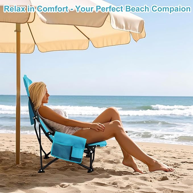 Oileus Folding Portable Beach Chair High-Back Low-Seat Lightweight Chair for Beach Tents Shelters and Camping Full Mesh Backrest | Cup Holder | Storage Bag | Carrying Bag | 2 Armrests