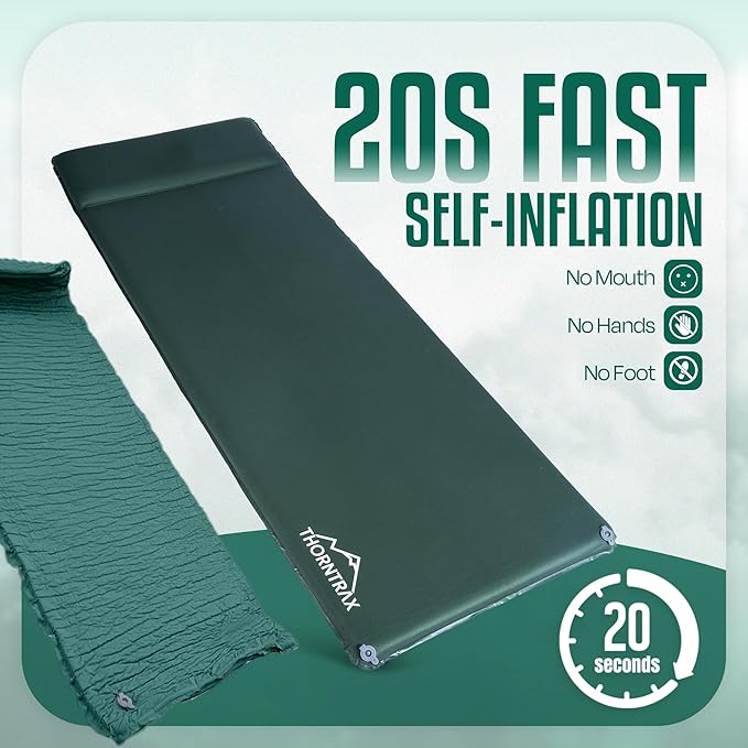 Throntrax Camping Sleeping Pad - Ultralight Camping Mat with Pillow Built-in - 3.1 Thick | Self-Inflating &amp Suitable for All Seasons - Compact Sleeping Pad for Camping - Green