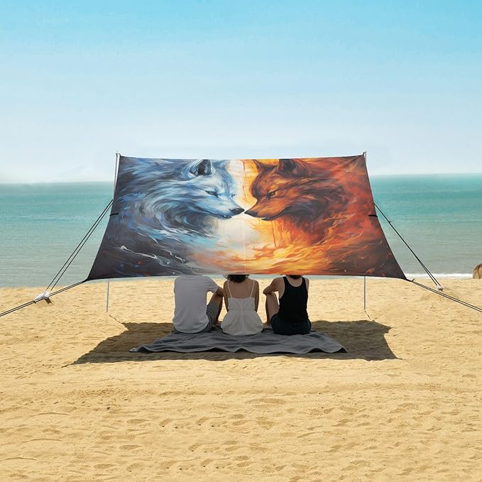 ALAZA Ice Wolf &amp Fire Wolf Beach Tent Sun Shelter UPF50+ Protection Beach Shade Canopy w/ 4 Sandbags for Outdoor Camping Fishing Backyard Fun Picnic 10x9 ft