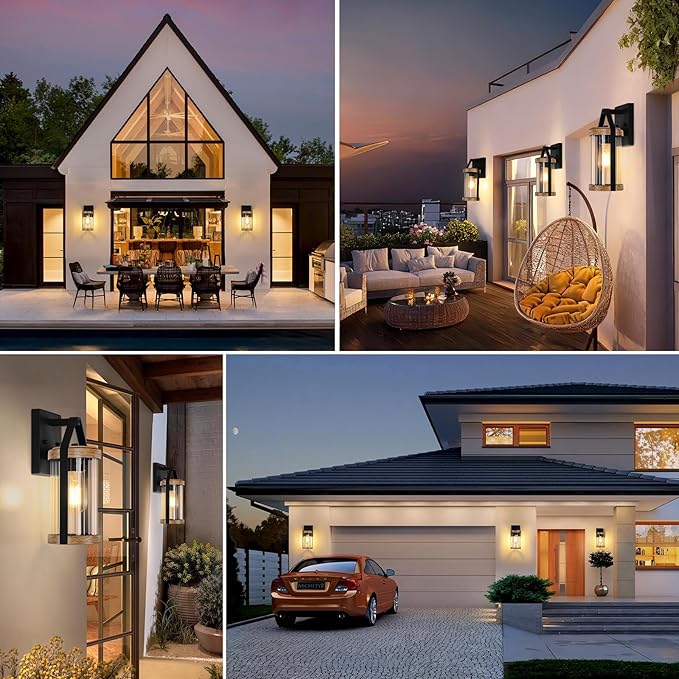 2-Pack Outdoor Light Fixtures Waterproof Modern Exterior Wall Lantern Porch Lights Black Wall Sconce with Clear Ribbed Glass Outside Light with Wood Texture for House Bulbs Not Included