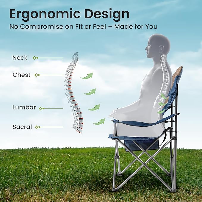 2 Pack Folding Camping Chairs for Adults - High Back Padded Outdoor Lawn Chairs with Lumbar Support &amp Cup Holder 400lbs Heavy Duty Portable Camping Chairs Set (Light Blue &amp Brown 2 PCS)