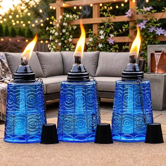 Seraphic Citronella Table Top Torches for Outdoor Patio 16oz Decorative Glass Torch Citronella Candles for Outside Deck Garden Parties Set of 3 Cobalt Blue