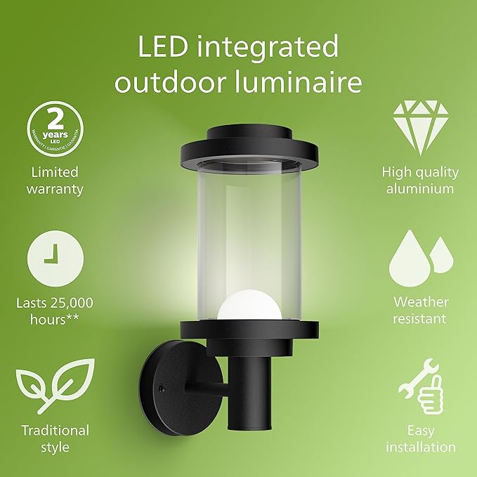 PHILIPS LED Round Up Outdoor Wall Lantern 1-Pack Bright White (3000K) 650 Lumen (11W = 50W) Weather Resistant
