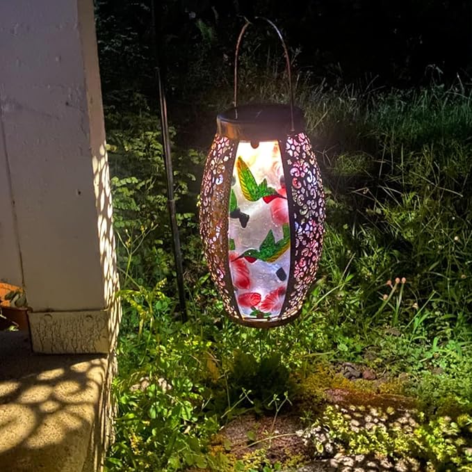 Hummingbird Solar Lanterns Glass &amp Metal Hanging Lantern Outdoor Waterproof 16 H Tabletop Light with Hollowed-Out Design for Garden Patio Table Decor Mother's Day Gift