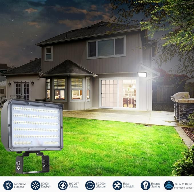 Dusk to Dawn Outdoor 100W LED Flood Light 14000LM 1000W Equivalent 100-277V 5000K Daylight ETL Commercial LED Flood Light Fixture Outdoor Security Lighting for LandscapeParking Lot