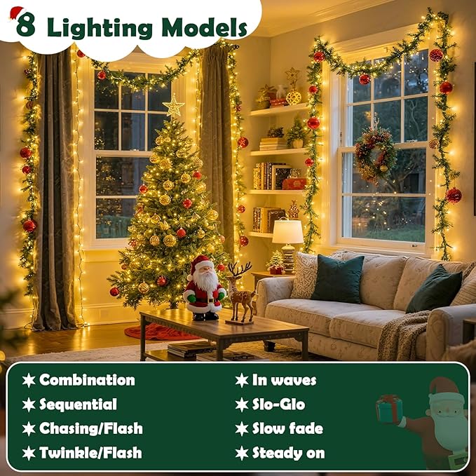 Christmas Lights Indoor Outdoor Waterproof 132FT 400 LED 8 Modes Warm Light String Lights for House Decorations Ideal for Christmas Trees Wedding and Party