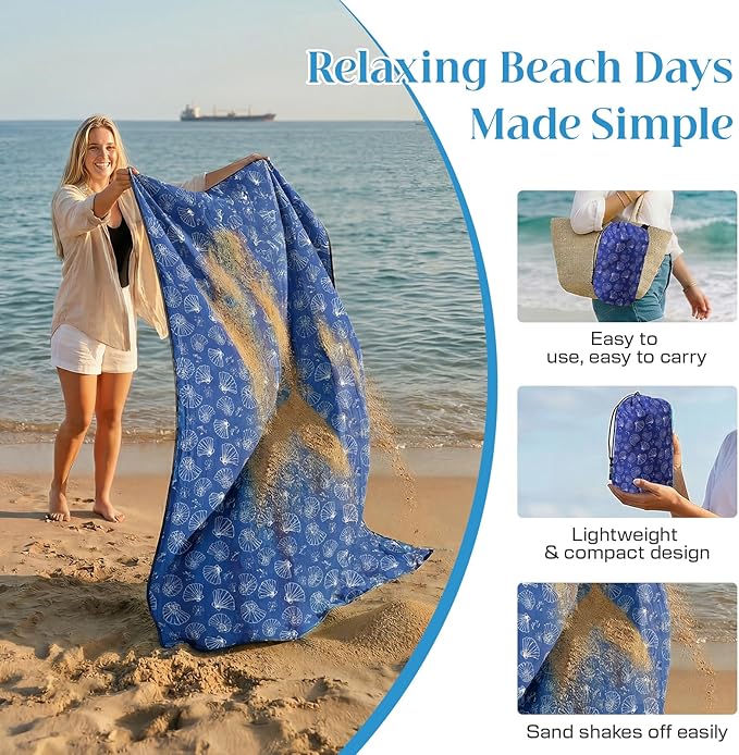 OIGAE Family Beach Blanket 7×8 ft Sand-Free Picnic Mat for 1–4 People Quick-Dry Lightweight Outdoor Blanket with Stakes &amp Corner Pockets Shell Blue