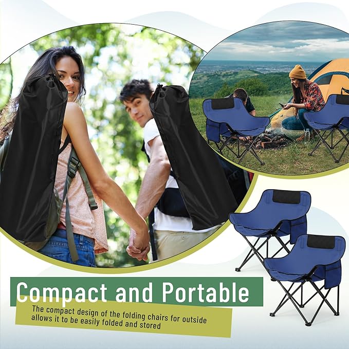 2 Pack Compact Camping Chairs Portable Folding for Outside with Carry Bag Lightweight Moon Chairs for Travel Picnic Hiking Beach Fishing 600D Oxford Supports 330lbs(Blue)