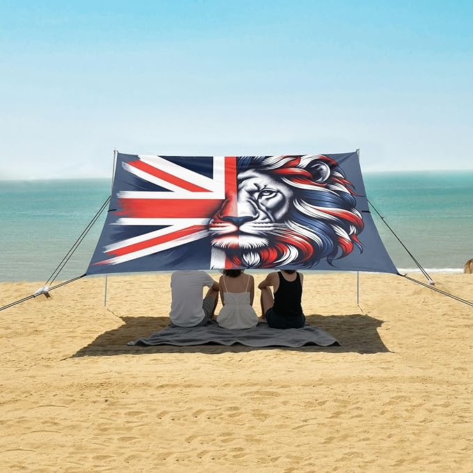 ALAZA British Flag Lion Beach Tent Sun Shelter UPF50+ Protection Beach Shade Canopy w/ 4 Sandbags for Outdoor Camping Fishing Backyard Fun Picnic 10x9 ft