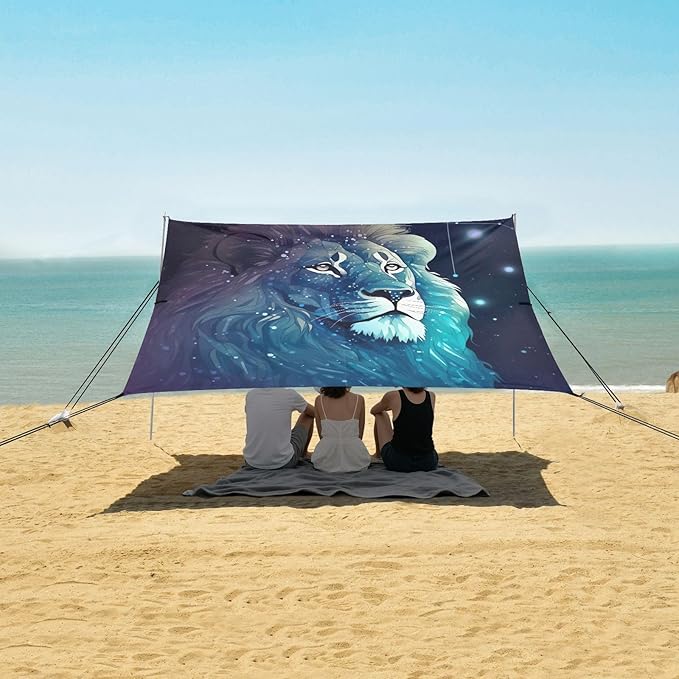 Linear Lion Blue Beach Tent Sun Shelter 9.2' x 10.5' Beach Canopy with 4 Sandbags 4 Stability Poles Sand Shovels - Tent Canopy for Beach Camping Fishing Picnics