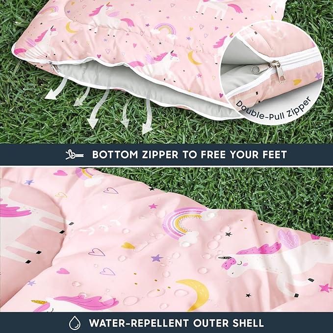 Wake In Cloud - Kids Sleeping Bag for Girls Toddlers Camping in Warm Cold Weather Backpacking Lightweight Compact Outdoor Liner for 3 Seasons Celestial Unicorns