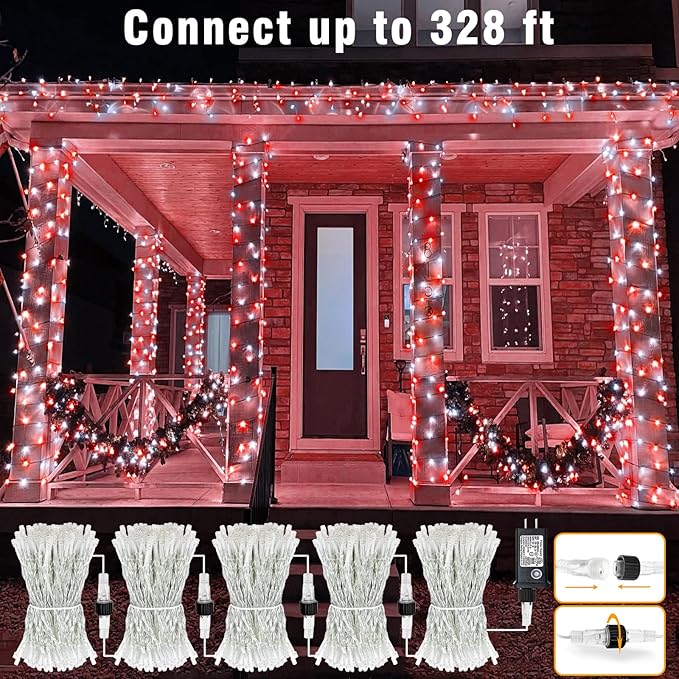 165FT 500 LED Outdoor String Lights Plug in Christmas Lights Indoor Waterproof 8 Modes Twinkle Fairy Lights Clear Wire for Xmas Patio Garden Tree Party Holiday Decorations Red and White