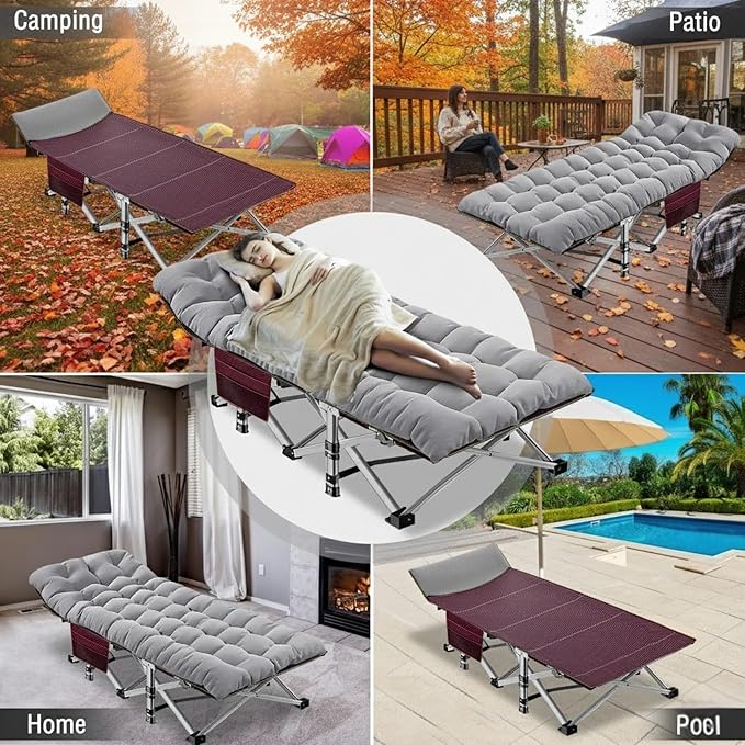 ABORON Folding Camping Cot W/Mat for Adults Heavy Duty Outdoor Bed with Carry Bag1200 D Layer Oxford Travel Camp Cots
