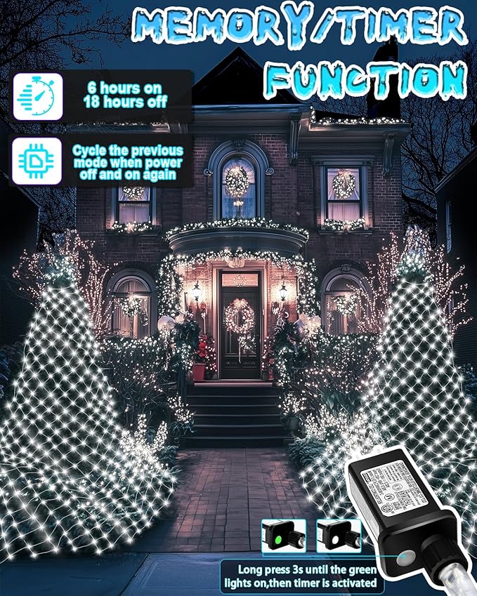 Coroor 12ft x 5ft Christmas Net Lights 360 LED Lights with 8 Modes Connecable Timer Waterproof Outdoor Bush Mesh for Home Garden Wedding Yard Decorations - Cool White