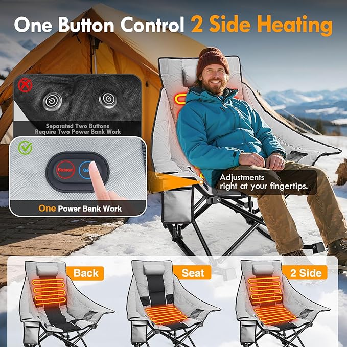 Slendor Heated Camping Chair Oversized Heated Rocking Chair with Padded Pillow 3 Adjustable Heat Settings Portable Folding Chair for Outdoor &amp Indoor Use Gray NO Power Bank