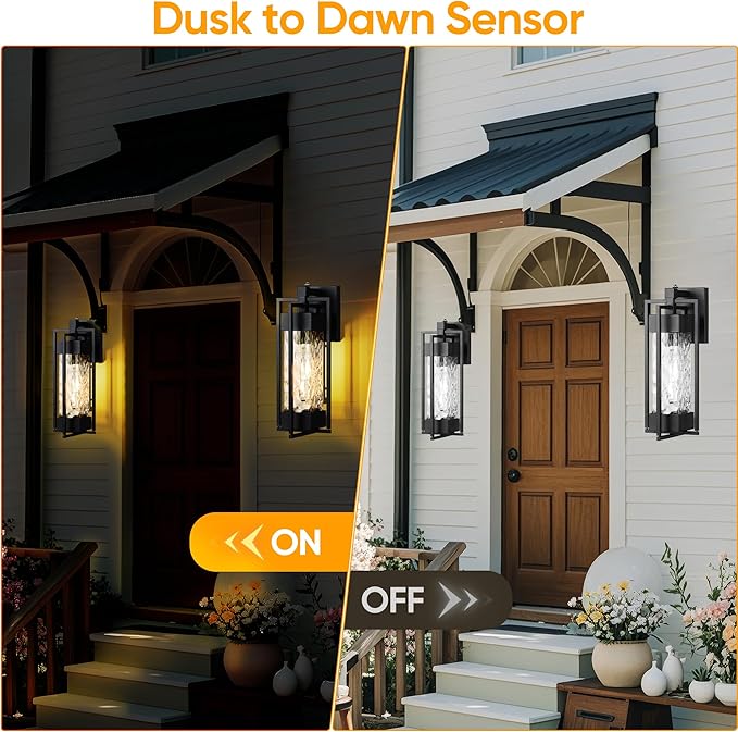 2-Pack Wall Lights Dusk to Dawn Outdoor Lighting Modern Outside Waterproof Porch Lights with Photocell SensorExterior Light Fixtures with Water Glass for Doorway Garage(Bulb Included)