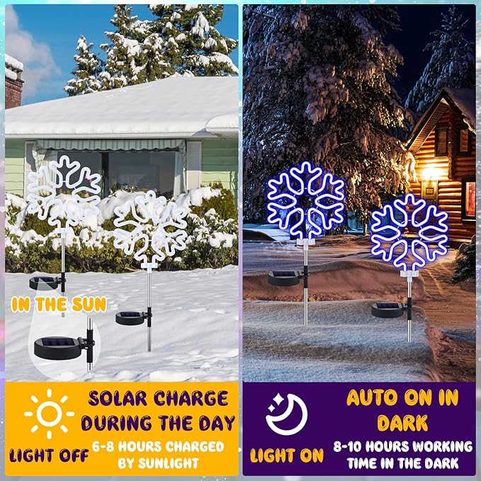 2 Pcs Solar Christmas Snowflake Garden Stake Lights Waterproof Xmas Snowflake Solar Landscape Path Lights for Outside Stakes Xmas Light Stake for House Yard