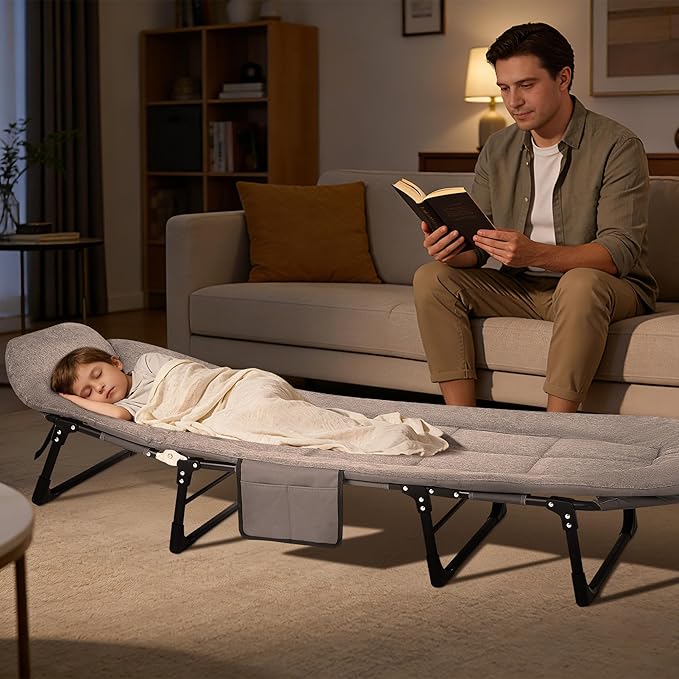 Garvee 75 Portable Folding Bed with Cushion and Pillow Camping Cot for Adults with Supports 500 Lbs Lightweight Tent Cot for Patio Beach Indoor Outdoor Grey