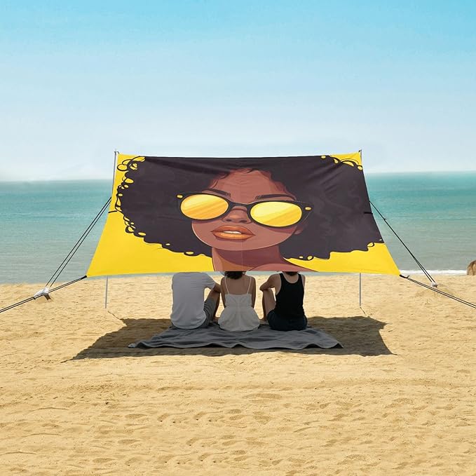 ALAZA African American Woman Beach Tent Sun Shelter UPF50+ Protection Beach Shade Canopy w/ 4 Sandbags for Outdoor Camping Fishing Backyard Fun Picnic 10x9 ft