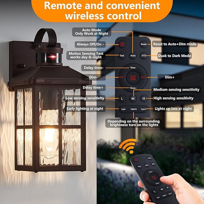Motion Sensor Porch Lights Outdoor with Remote Dusk-to-Dawn Exterior Lighting Fixtures 4 Modes &amp Weatherproof Outdoor Wall Lights - Ideal for Porch Patio Entryway Garage
