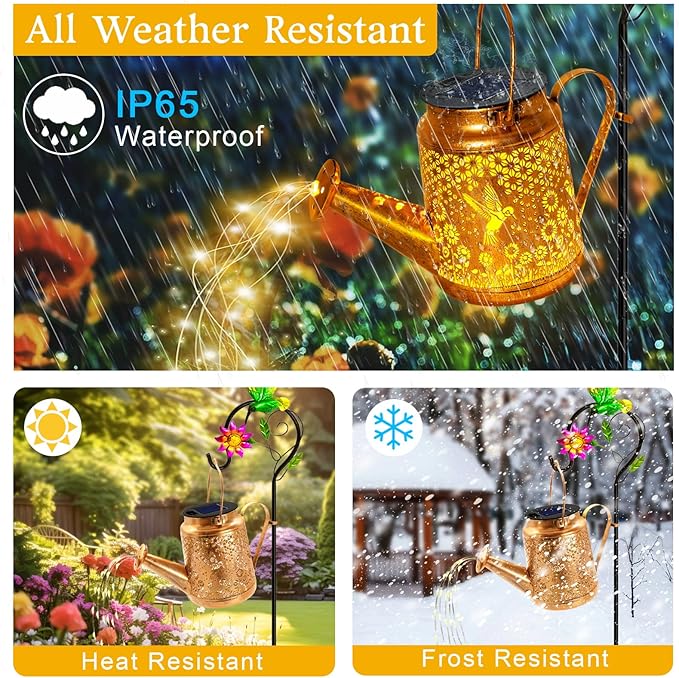 Hummingbird Solar Lights Outdoor Waterproof Birthday Gifts for Christmas Mom Grandma Women Solar Watering Can Lights with Shepherd Hook Metal Hanging Lantern Garden Decor Yard Outside Patio Lawn