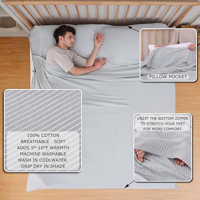 100% Cotton Sleeping Bag Liner with Full Length Zipper on 3 Sides Single/Double Adult Sleep Sack for Travel &amp Camping Multifunctional Travel Sheets (Unzipped 87”x87”) for Hotel Lightweight