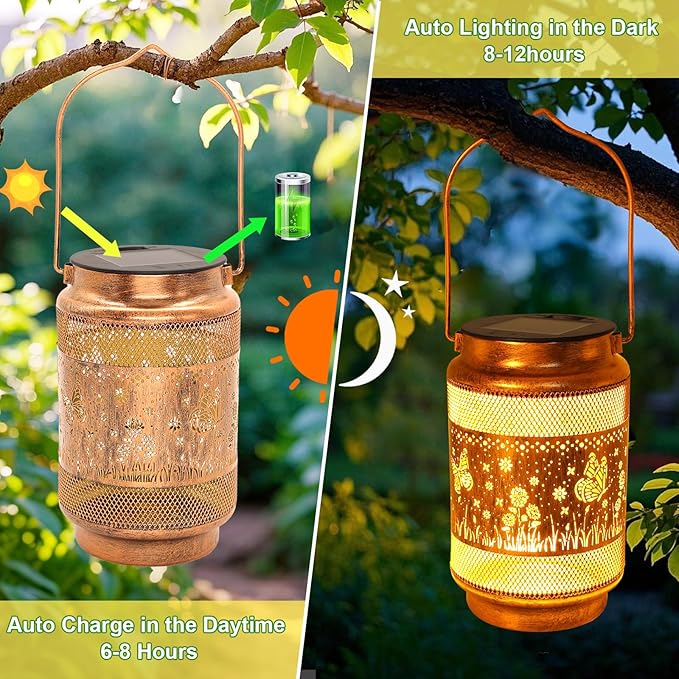 Butterfly Solar Lanterns Outdoor Waterproof with Shepherd Hook Birthday Gifts for Women Mom Grandma Metal Solar Hanging Lights Garden Decor for Outside Yard Patio Pathway Backyard Porch