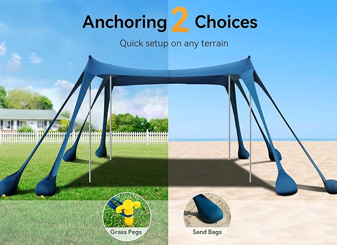 Beach Tent Beach Canopy Sun Shade with UPF50+ UV Protection 10x10ft Includes 8 Sandbags Sand Shovel Ground Pegs &amp 4 Stability Poles Pop Up Sun Shelter for Camping Picnics Backyard Fun