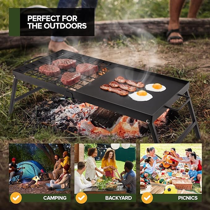 Carbon Steel Foldable Campfire Grill – Portable Grill Grate &amp Griddle with Large Non-Stick Surface Sturdy Fold-Out Legs Compact for Storage Use Over Fire Pit
