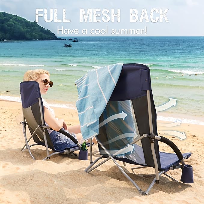 Portal Beach Chairs for Adults Camping Low Lightweight Portable Chair with Cup Holder Mesh Back Carry Bag for Outdoor Sand Lawn Travel Picnic Festival Concert