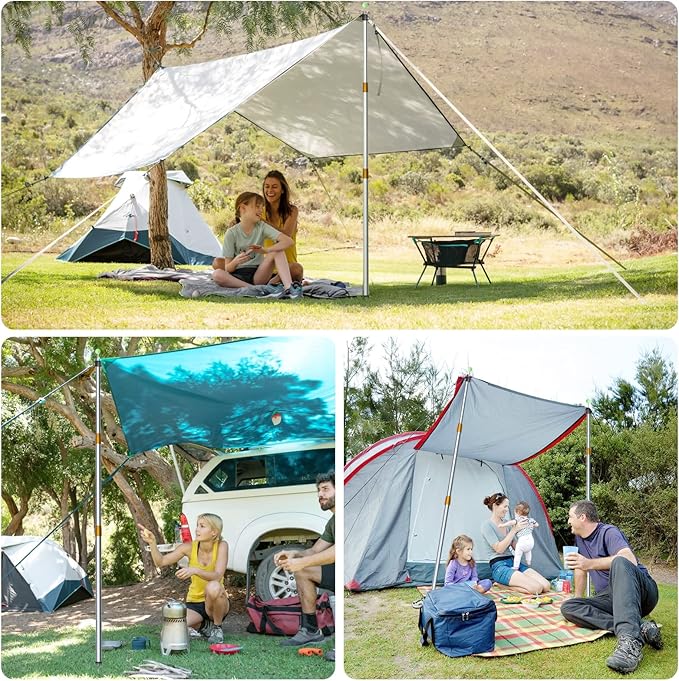 KOMCLUB Telescoping Tent Tarp Pole Adjustable Tarp Poles 3 Section Heavy Duty Canopy Poles Stainless Steel Portable Camping Poles 33-86.61 for Hiking Car Canopy Awning 2Pcs Set (Gold)