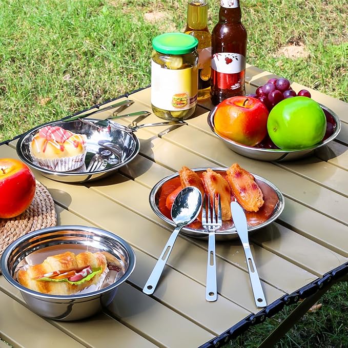 Camping Mess Kits - 28pcs Camping Dinnerware Set Camping Gifts Camping cookware Sets Camping Accessories Camping Cooking Utensils Set Bowls Plates Knives Forks Spoons