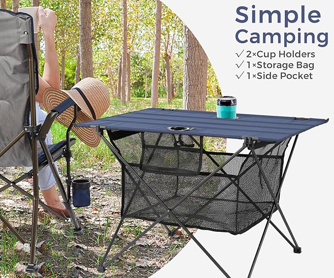 Lightweight Camping Table - Portable Folding Beach Side Table w/2 Cup Holders &amp Large Storage Basket Compact Fold for Tailgate Travel Outdoor Fishing Picnic | 29.2 W x 21.7 D (Blue)