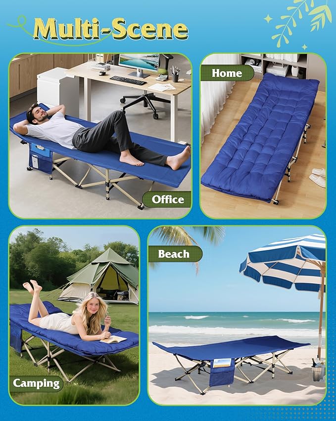 WLIVE 1200D Double Layer Oxford Camping Cots for Adults Portable Camping Cot Bed with Mattress for Sleeping Outdoor Folding Bed with Carry Bag for Resting Camping Dark Blue