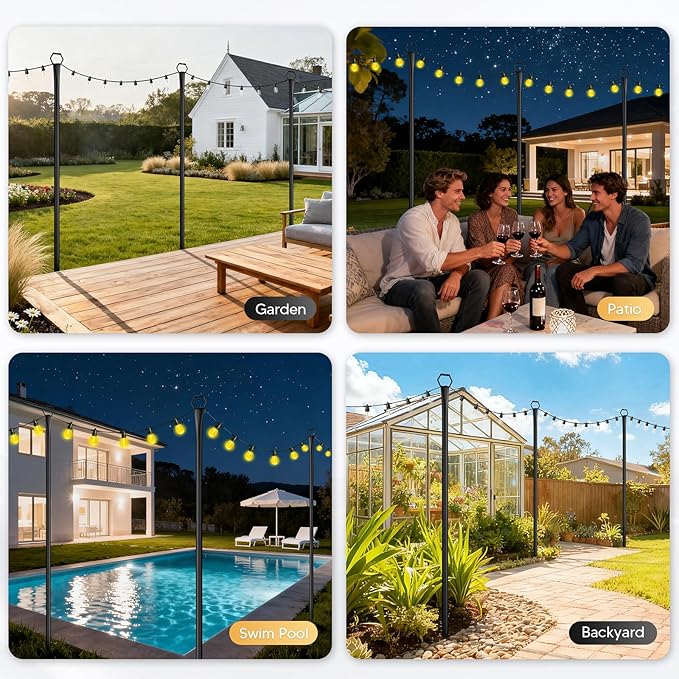 10Ft String Light Poles 6 PackLight Poles for Outside LightsOutdoor with Fence Brackets Hanging LightsMetal Stand Deck Patio Backyard
