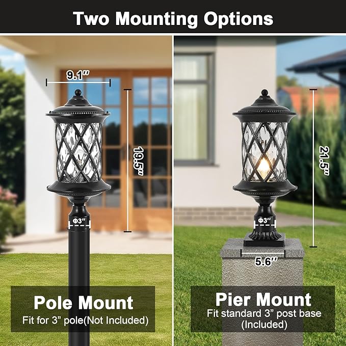 Industrial Exterior Lamp Post Lighting Fixture Waterproof Post Light Outdoor with 3-Inch Pier Mount Base Water Glass Lampshade 60W E26 Retro Outdoor Pillar Light for Yard Porch Patio